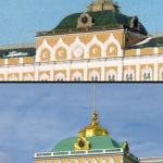 Nahrazení písmen SSSR na zdi Velkého kremelského paláce dvouhlavými orly jako symbol konce jedné epochy. Montáž Wikimedia Commons