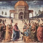 Pietro Perugino: Ježíš předává Petrovi klíče. Freska v Sixtinské kapli, 335 x 550 cm, 1481. Repro www.artbible.info