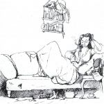 Dobová karikatura vzdělané ženy jako špatné hospodyně. Repro www.nordicwomensliterature.net